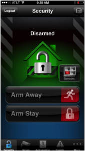 The home screen of Fortress Security's Total Connect home security system smartphone app